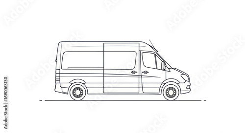 Detailed Line Art Illustration of a Modern Delivery Van.