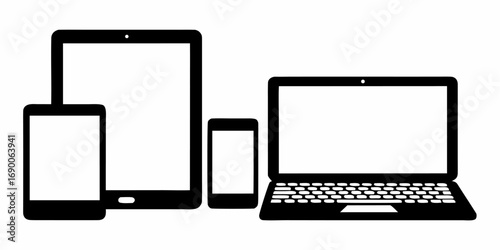 Illustration showing a laptop and three mobile devices including two tablets and a smartphone in black and white | editable eps vectors silhouette