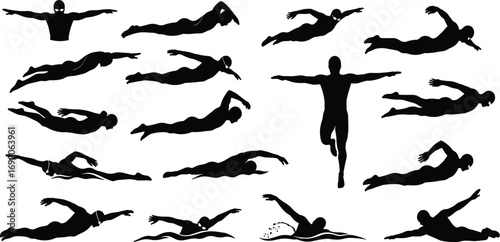 Swimming silhouettes, butterfly stroke, freestyle swimming, professional swimmer, sports fitness, water training, aquatic exercise, competitive athlete, swimming action, endurance sport