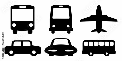 Illustration showing various modes of transportation including buses cars and an airplane in black silhouette | editable eps vectors