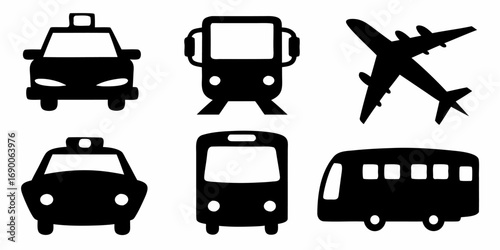 Illustration showing various modes of transport including taxi train airplane and a couple of different buses | editable eps vectors silhouette