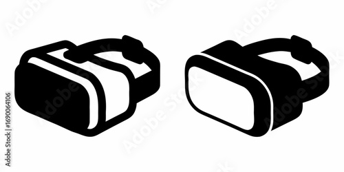 Two virtual reality headsets displayed in black and white with straps and rectangular lenses seen clearly | editable eps vectors silhouette