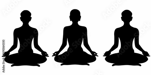 Three silhouettes of figures in lotus position meditating in monochrome black and white illustration | editable eps vectors