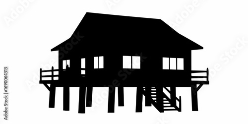 Silhouette of a house on stilts with windows and a staircase leading to the entrance and a fence around it | editable eps vectors