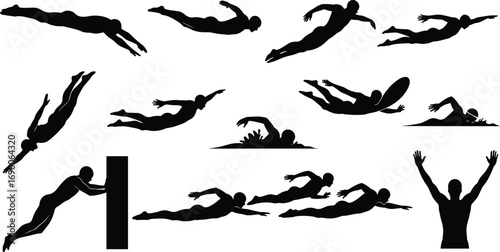 Swimming silhouettes, diving athlete, freestyle swimmer, sports fitness, competitive swimming, pool training, water sport, aquatic exercise, success celebration, active lifestyle