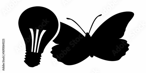 Silhouette of a light bulb with filaments and a butterfly with spread wings in black and white design | editable eps vectors
