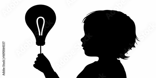 Silhouette of a child holding a lightbulb representing an idea on a white background design image | editable eps vectors