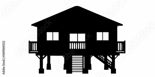 Silhouette of a stilt house with windows and railings and stairs leading up to the entrance door way | editable eps vectors