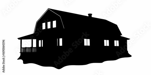 Silhouette of a large barn style house with a porch and chimney on a white background image view | editable eps vectors