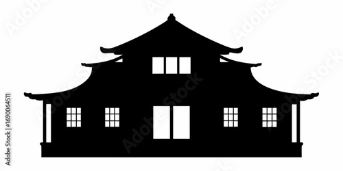 Silhouette of a japanese temple with a multi tiered roof and windows in a simple black and white design | editable eps vectors