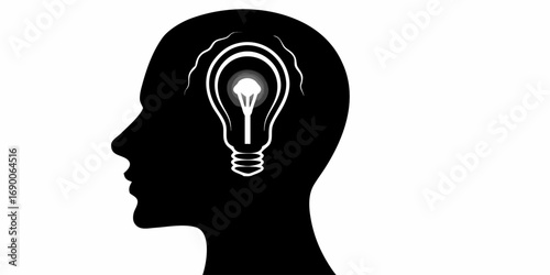 Silhouette of a head with a lightbulb inside representing an idea or thought process illustration | editable eps vectors