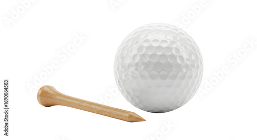 SPORT - Close-up of a white golf ball and wooden tee on white background, perfect for sports or golf-related content