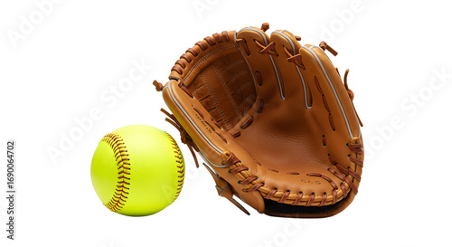 SPORT - Close-up of a yellow softball and a brown leather softball glove isolated on white background, perfect for sports and outdoor activities
