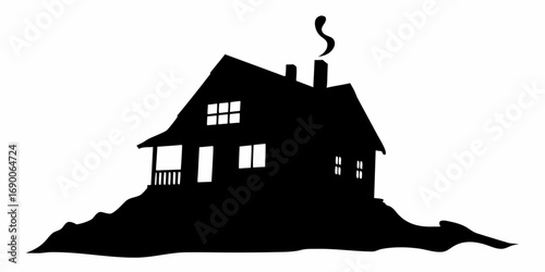 Silhouette of a house with a porch and smoking chimney on a hill under a white background image design | editable eps vectors