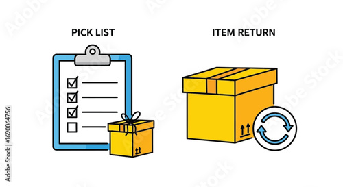 Vector illustration of two icons depicting ecommerce logistics a pick list with a gift box and an item return symbol with a shipping box