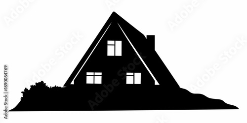 Silhouette of a triangular house with three windows and a chimney surrounded by vegetation area near it | editable eps vectors