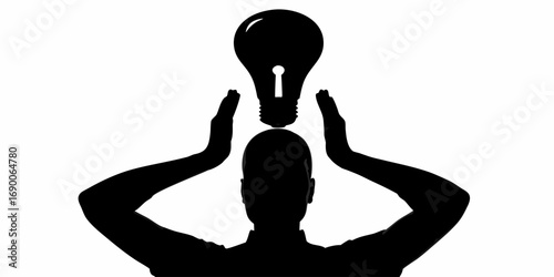 Silhouette of a person with hands raised and a lightbulb with keyhole above the head in black and white | editable eps vectors