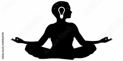 Silhouette of a person meditating with a light bulb above their head representing an idea or inspiration | editable eps vectors