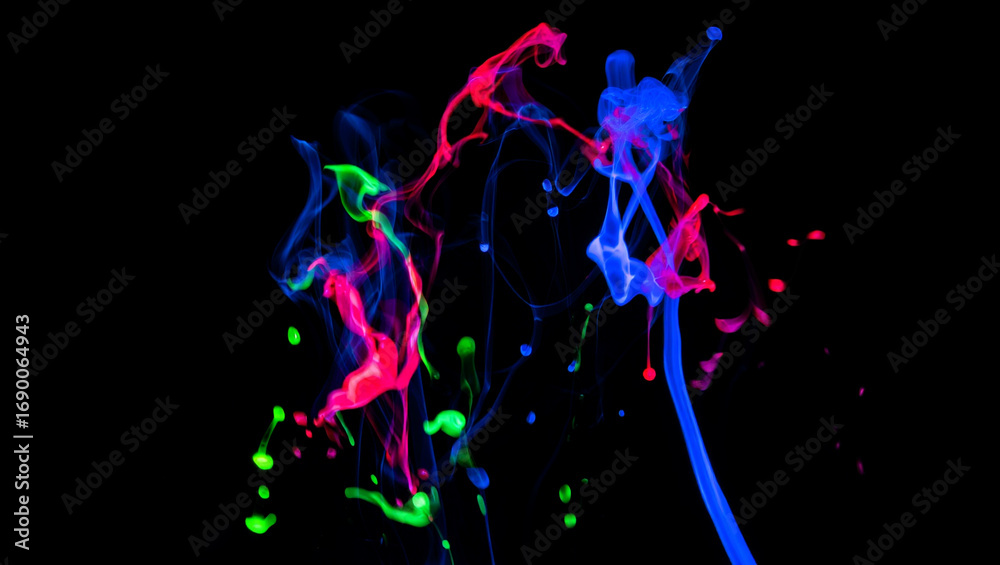 Obraz premium Photo of vibrant neon ink splashes and trails in shades of blue, pink, and green against a stark black background