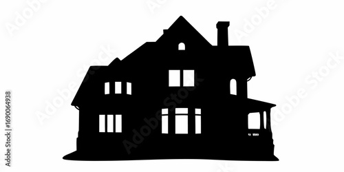 Silhouette illustration of a large two story house with a chimney and multiple windows visible clearly | editable eps vectors