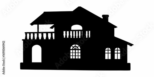Silhouette of a two story house with balconies windows and chimney on a white background in black color | editable eps vectors