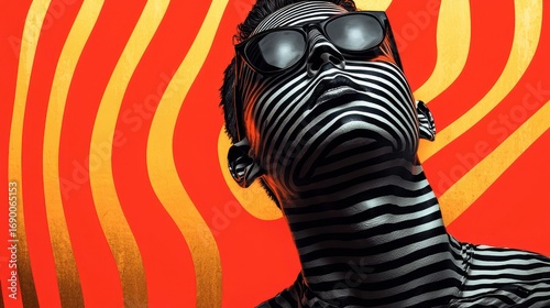 Striped Body Paint Portrait Against Swirling Red and Gold Background