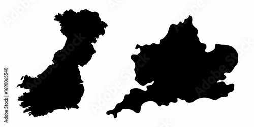 Black silhouettes depicting the geographical shapes of ireland and england on a white background plane | editable eps vectors
