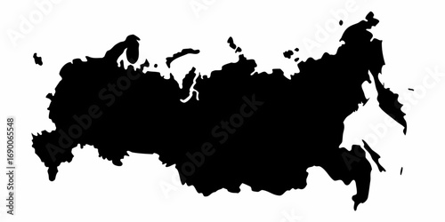 A silhouette of russia in black against a white background showing the countrys distinctive shape and borders | editable eps vectors