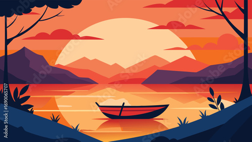 Lake Boat Silhouette with Mountains, Sunset Colors, and Reflections in the Water Illustration