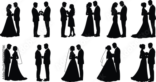 Wedding couple silhouette, bride and groom illustration, romantic marriage ceremony, love relationship, vector art, romance concept, celebration design, black