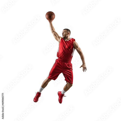 Dynamic basketball player in mid-air slam dunking with ball