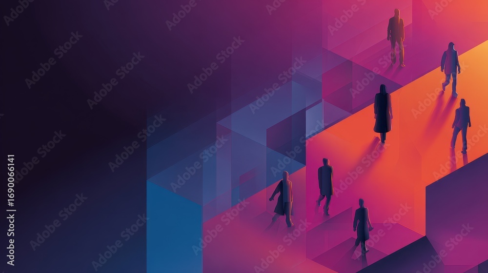 Fototapeta premium Digital transformation trend theme side view redefining industries technology tone triadic color scheme.