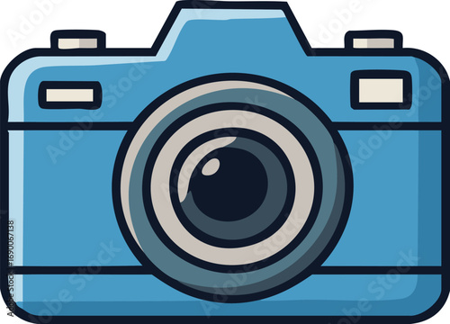 Blue camera taking a picture in a studio with a lens and focus ring, capturing a moment of creativity and precision.
