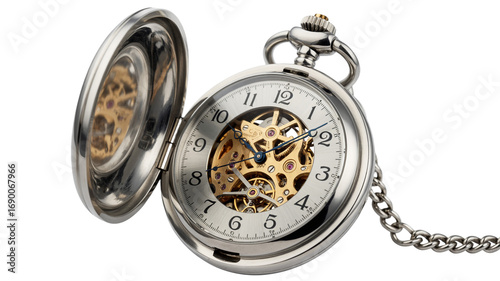 Elegant silver pocket watch with intricate gears, timekeeping precision