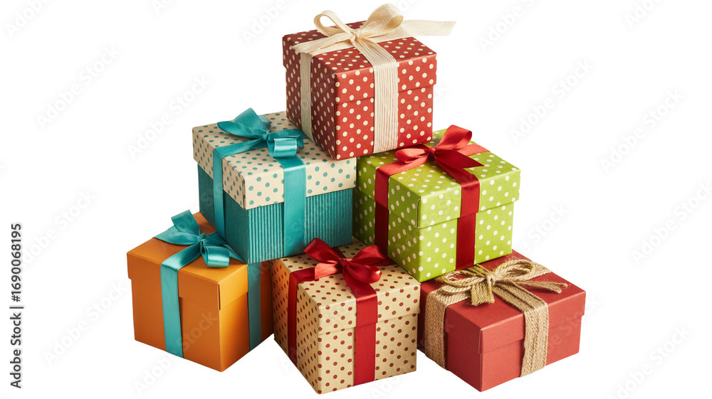 Fototapeta premium Stack of Colorful Christmas Gift Boxes with Ribbons and Bows Isolated on White Background for Holiday Shopping and Celebration
