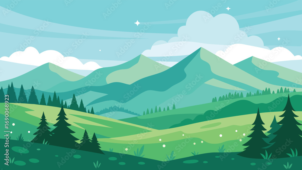 Fototapeta premium Landscape Illustration with Green Mountains, Trees, Cloudy Sky, and Sparkling Stars Above
