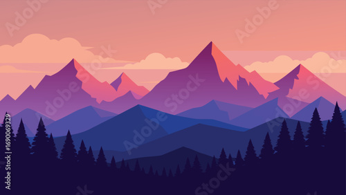 Landscape of Layered Mountains with Pine Trees at Sunset or Sunrise Sky