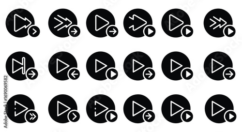 Collection of twenty-four black circular media player icons featuring various play, pause, rewind, and fast-forward symbols.