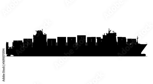 Silhouette of a Large Cargo Ship with Containers.