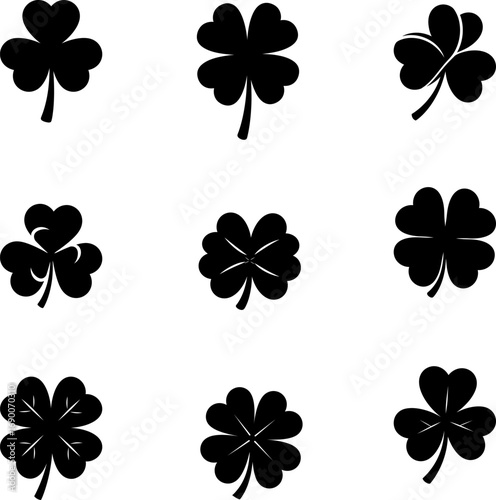 Set of 9 Shamrock and Four-Leaf Clover Silhouette Icons