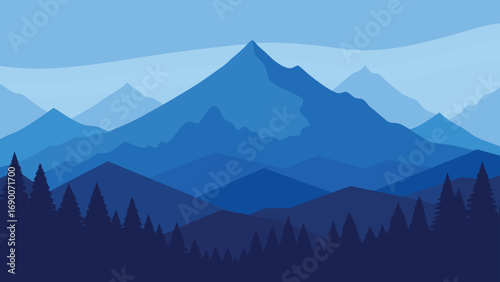 Layers of Blue Mountain Ridges and Pine Forest Silhouettes in a Landscape