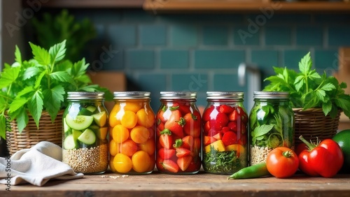 Preserved Goodness Vibrant Jars of Summer Vegetables and Fruits Ready for Enjoyment