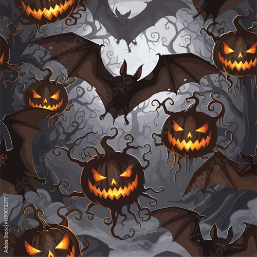 Spooky Halloween pattern with flying bats and glowing carved pumpkins illustration, seamless pattern, Stock royalty free image.