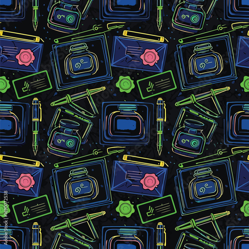 Stationery pattern with ink bottles, pens, envelopes, and cards on dark backdrop, seamless pattern, royalty stock.