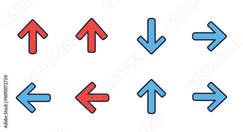 A collection of eight directional arrows, some red and some blue, pointing upwards, downwards, left, and right, organized in two rows.