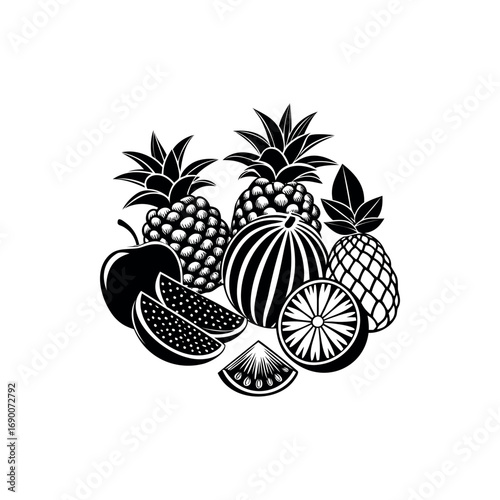 Monochrome drawing of a fruit arrangement with pineapples, watermelon and orange slices silhouette vector