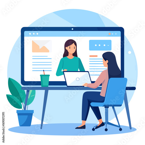 Woman working remotely on laptop participating in virtual meeting or online class.
