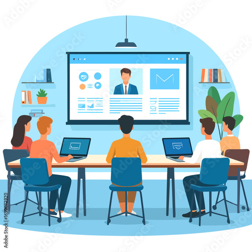 Diverse group of people attending a business presentation in a modern office setting.