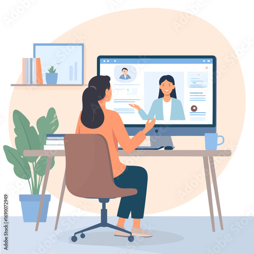 Woman attending online meeting with colleague using computer at home office.