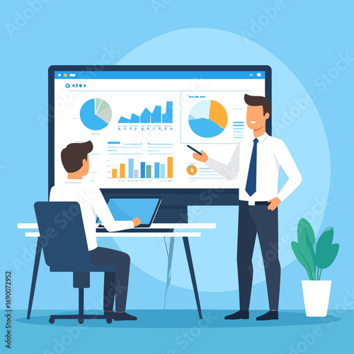 Two businessmen analyzing financial data on a large computer screen.